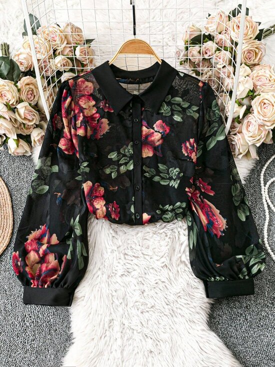 Black Casual Women's Chiffon Cutout Lapel Long Sleeve Blouse - Picture 6 of 7